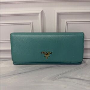 Prada Saffiano Leather Long Wallet – Turquoise | Gold Logo